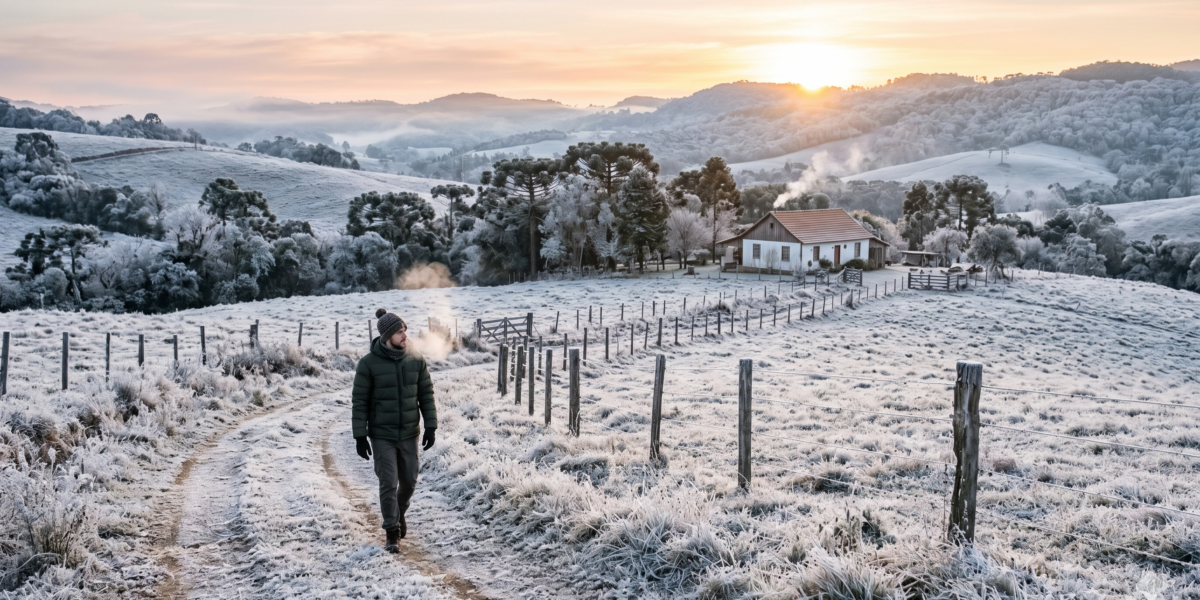 São Bento do Sul registra geada intensa e termômetros marcam -2°C na zona rural